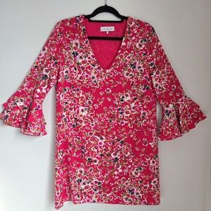 Wayf Hibiscus Pink Floral Bell Sleeve Babydoll Deep V-Neck Mini Dress Size M